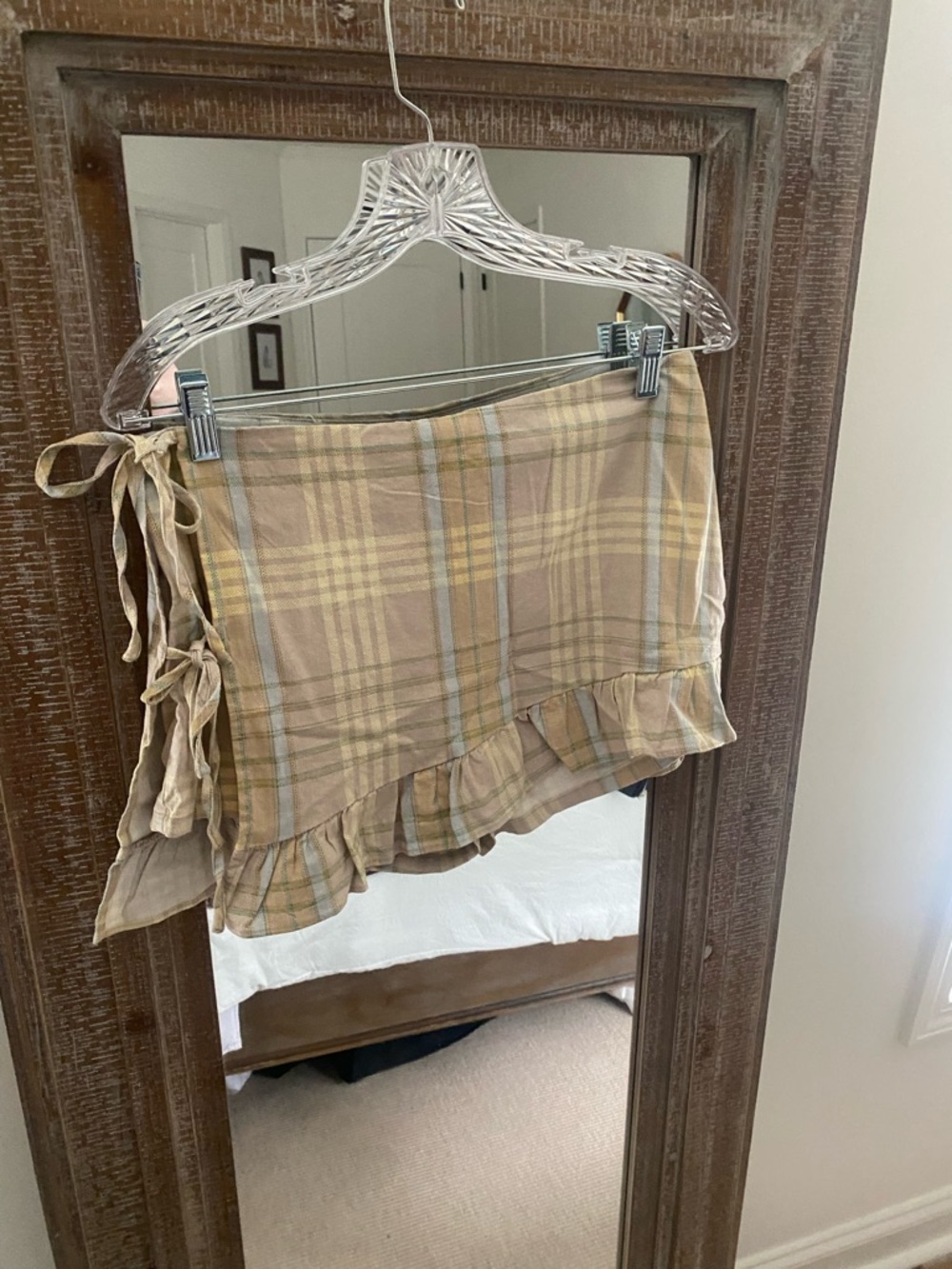 Kimchi Blue Beige & Yellow Plaid Ruffle Wrap Mini Skirt